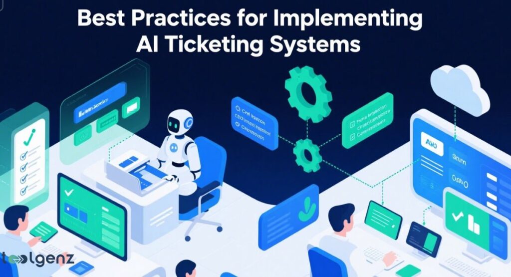 "Best Practices for Implementing AI Ticketing Systems." It depicts a modern office environment where a robot sits at a desk assisting a person. The robot is connected to a network of screens, including a cloud icon, and other people are working at their computers. Text and icons highlight best practices like "home automation" and "conversational AI."