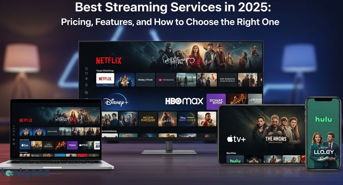 A collection of screens from a laptop, television, tablet, and smartphone displaying various streaming services like Netflix, Disney+, HBO Max, and Apple TV+. The image is titled "Best Streaming Services in 2025.