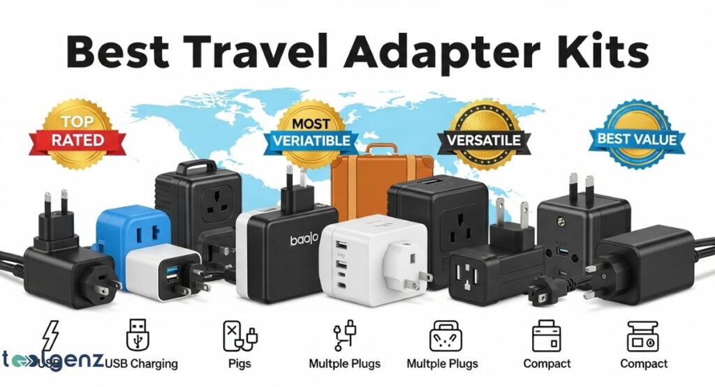 A collection of various travel adapter kits is displayed against a world map background, featuring different plug types and USB charging ports. Badges like "TOP RATED," "MOST VERIATIBLE," "VERSATILE," and "BEST VALUE" are shown, along with icons for "USB Charging," "Multiple Plugs," and "Compact."