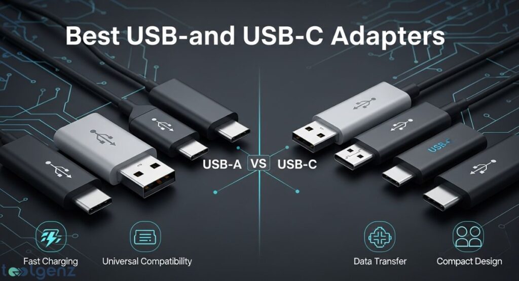 A side-by-side comparison of USB-A and USB-C adapters, showing various cables and connectors. The USB-A side is associated with "Fast Charging" and "Universal Compatibility," while the USB-C side highlights "Data Transfer" and "Compact Design."