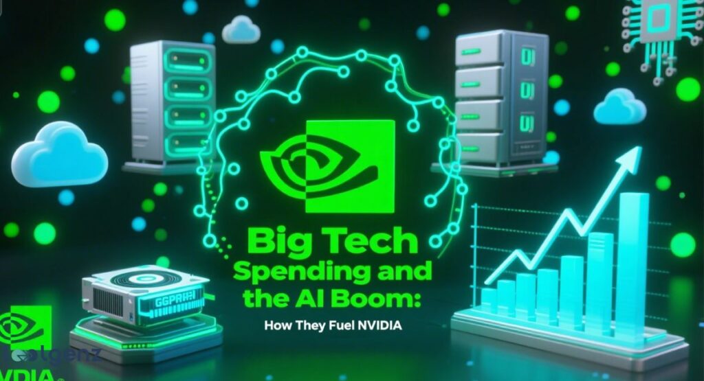 An energetic, futuristic graphic illustrating how big tech spending and the AI boom fuel NVIDIA's growth. The central NVIDIA logo is surrounded by glowing digital circuits and icons representing data centers, a GPU, and a rising bar graph, all in a blue and green color scheme. The title at the bottom is "Big Tech Spending and the AI Boom: How They Fuel NVIDIA.