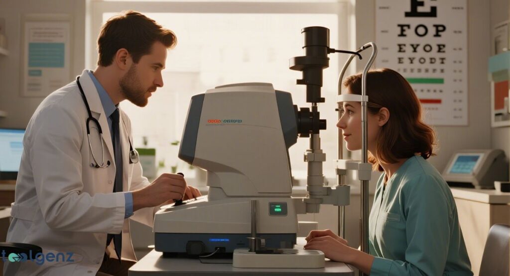 An image of an optometrist performing an eye test on a female patient using a phoropter machine. The title of the image is "Book Your Eye Test: Why Professional Exams Matter."