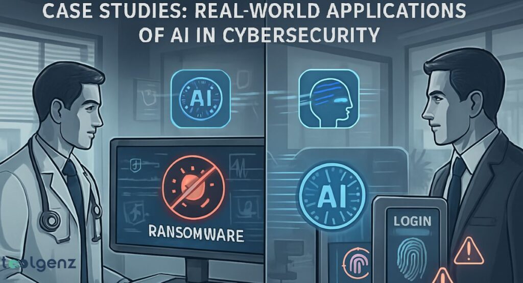 A split-screen illustration showing two cybersecurity scenarios. The left side depicts a doctor and a computer screen showing a "RANSOMWARE" alert, while the right side shows a businessman and a biometric login with a fingerprint scanner, illustrating different real-world applications of AI in security.
