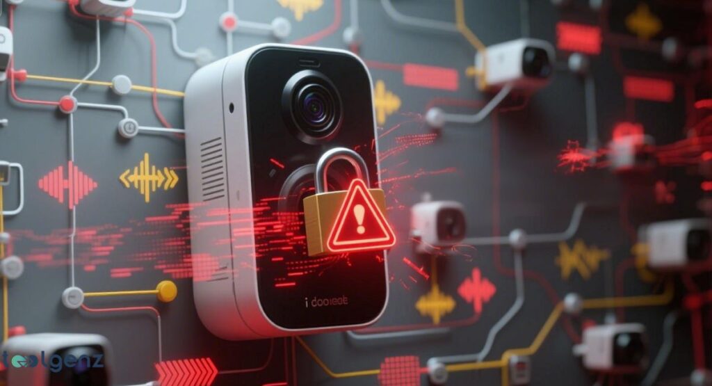 "Challenges and Risks in IoT Deployment." The image shows a security camera-like IoT device mounted on a dark, circuit-patterned wall. A prominent red and yellow warning icon with a padlock is superimposed on the device, highlighting security risks. Red glowing lines and broken data streams radiate from the device, suggesting a security breach or system failure. Other, smaller cameras are visible in the background.