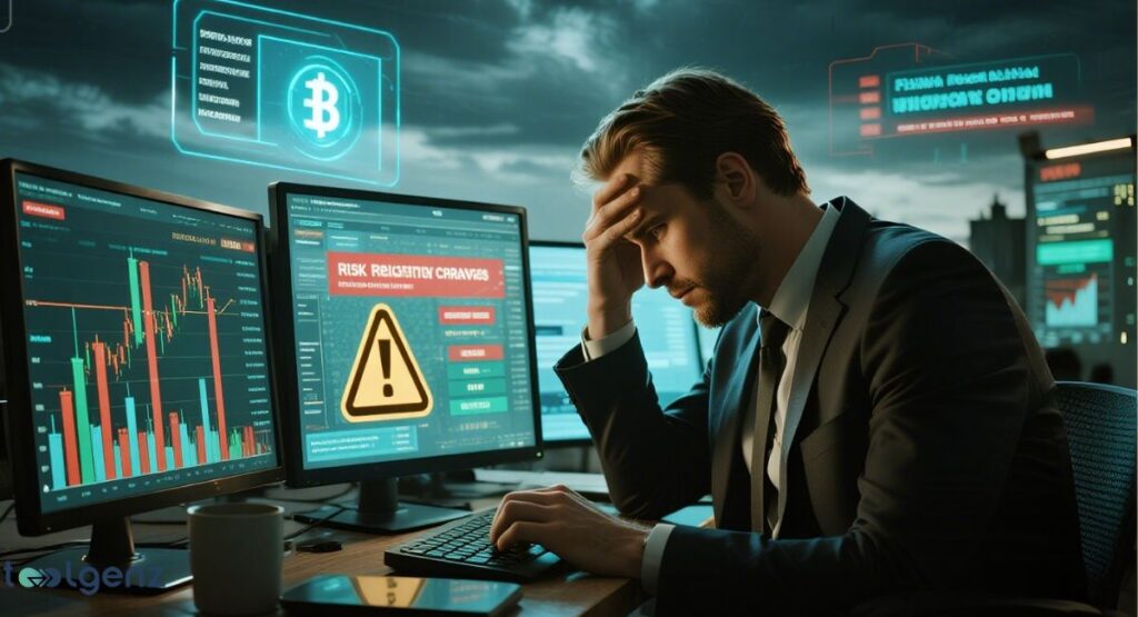 A man in a suit appears stressed while looking at two computer monitors displaying financial data. One screen shows an alert with an exclamation mark, indicating a "Risk Warning." Holographic Bitcoin symbols and building outlines are visible in the background, suggesting a high-stakes financial environment.
