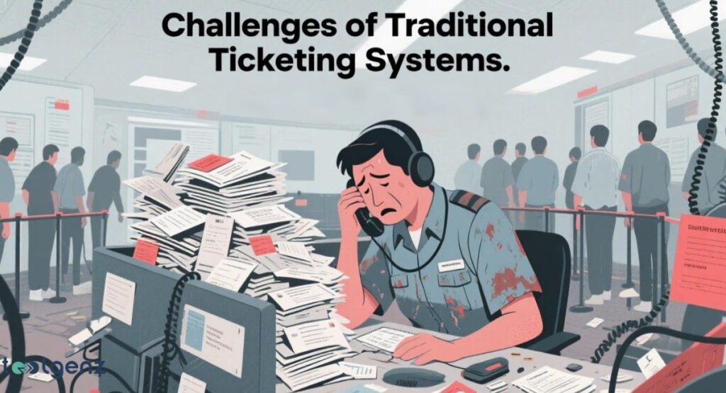 "Challenges of Traditional Ticketing Systems." It depicts a stressed-looking person in an office uniform, sitting at a desk, overwhelmed by a massive, chaotic stack of paper tickets. In the background, a long line of people are waiting impatiently.