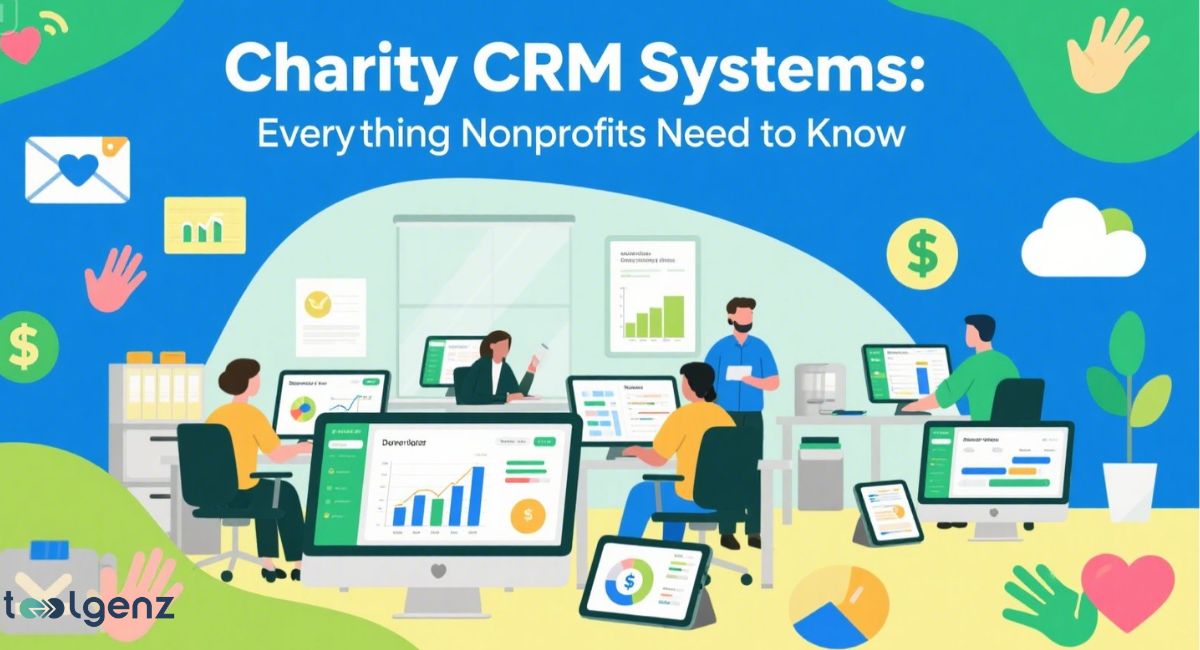 "Charity CRM Systems: Everything Nonprofits Need to Know." It shows an open-plan office where several people are working at computers and tablets. The screens display charts and donor data. Floating icons around the office represent key aspects of a charity CRM, such as heart and hand symbols for donations and a dollar sign for fundraising.