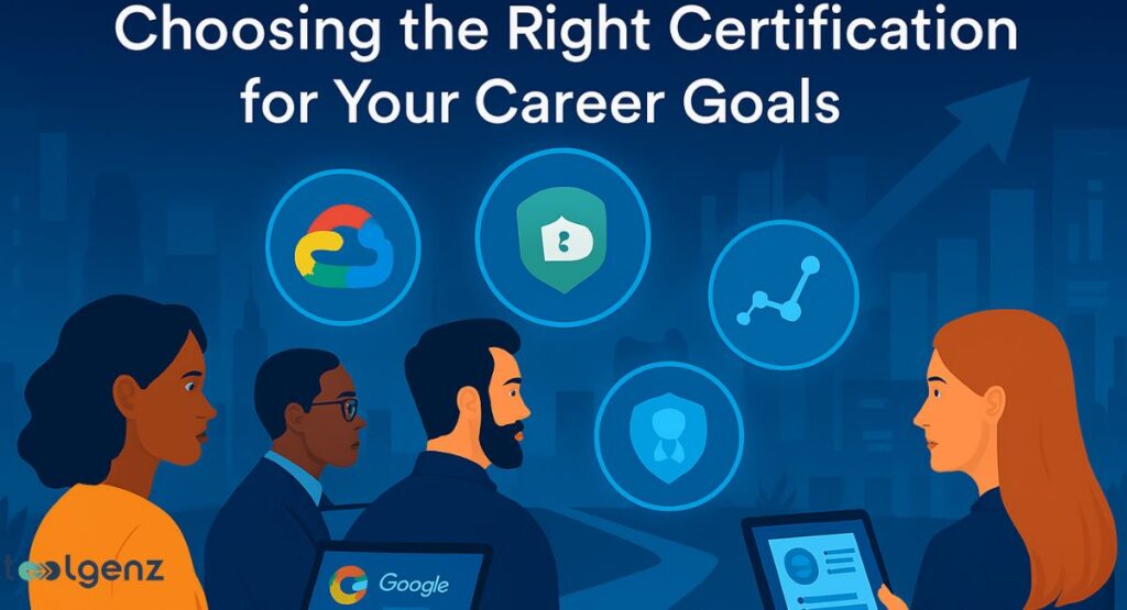 A diverse group of four professionals is seated around a table, with a presenter standing at the front. The background features a cityscape and a large upward-pointing arrow, symbolizing career growth. Five circular icons representing different certifications are floating in the air. One of the icons is the Google logo in its brand colors.