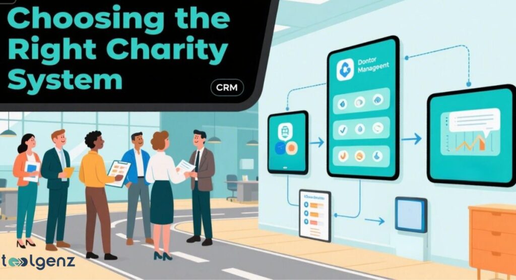 "Choosing the Right Charity System." It shows a group of five professionals in a meeting room, looking at a series of interconnected screens and flowcharts. The screens display a "Donor Management" app, a report with graphs, and a checklist, illustrating the process and components of a CRM system.