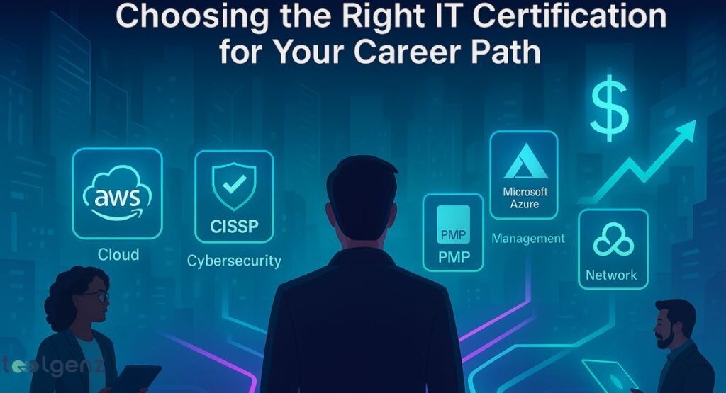 "Choosing the Right IT Certification for Your Career Path." The image shows a person at a crossroads, with different IT certifications and their corresponding career fields branching out. The certifications include AWS (Cloud), CISSP (Cybersecurity), PMP (Management), Microsoft Azure (Management), and Network.