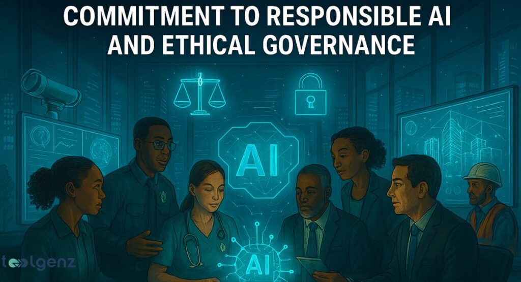 An illustration of a diverse group of professionals—including a police officer, doctor, business executives, and a construction worker—standing around a glowing, futuristic hologram labeled "AI." Above the group, icons representing a scale and a lock symbolize ethical governance and security. The title at the top is "Commitment to Responsible AI and Ethical Governance."