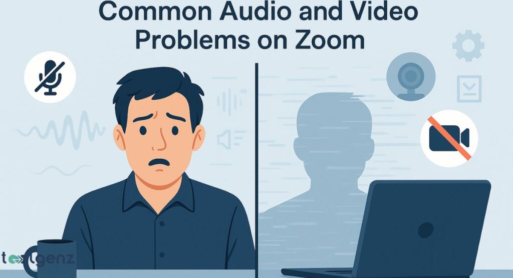 Zoom Problems : A graphic split into two sides, showing a man with a concerned expression on the left and a silhouette of a person at a laptop on the right. Icons for a muted microphone, a sound wave with a slash, and a speaker with a slash are on the left, while icons for a webcam and a video camera with a slash are on the right. The title is "Common Audio and Video Problems on Zoom."