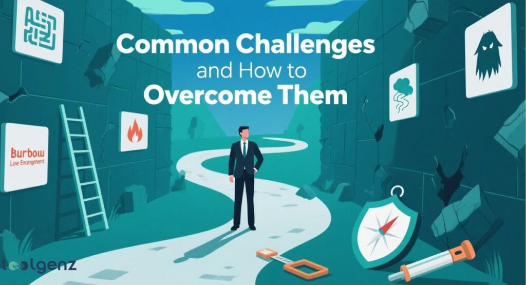 A man in a suit stands on a winding path, looking towards a light at the end of a tunnel-like structure. Various icons symbolizing challenges like a broken wall, a monster, a storm cloud, and solutions such as a ladder, a compass, and a shield, are placed around him. The title is "Common Challenges and How to Overcome Them."