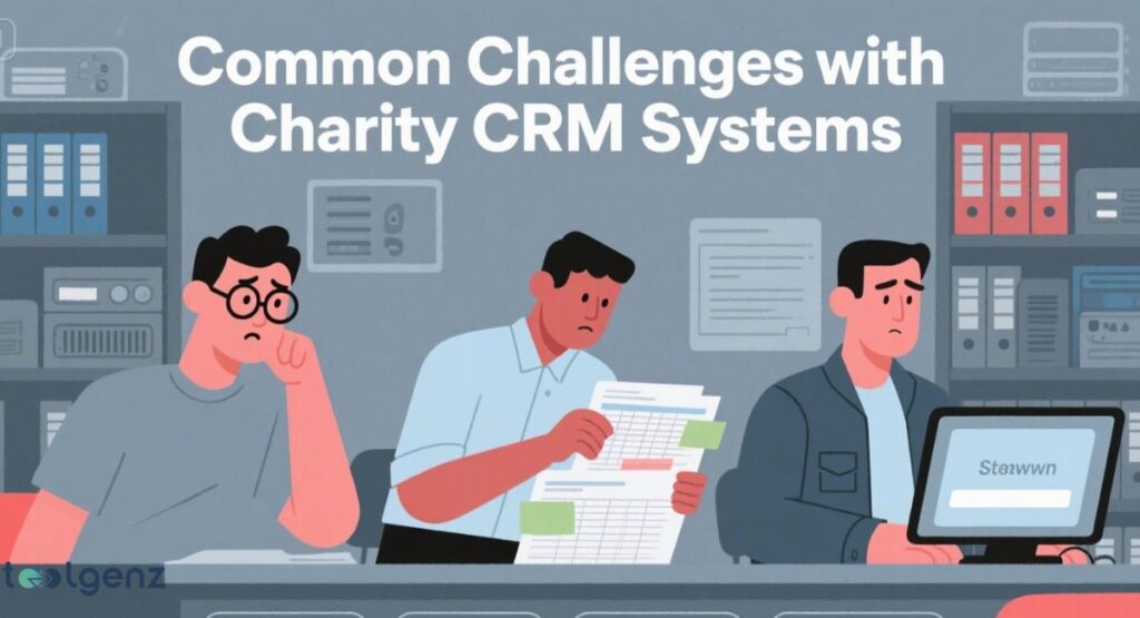 "Common Challenges with Charity CRM Systems." It shows three people looking stressed and confused in a messy office environment, surrounded by disorganized paperwork and outdated computers. One person is looking at a paper document with a furrowed brow, while another is staring blankly at a computer screen.