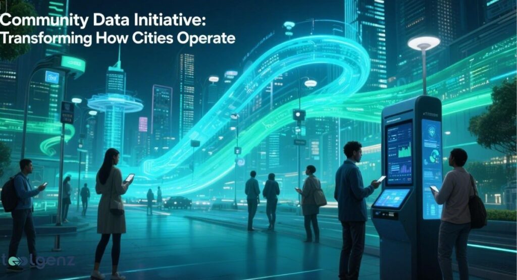 A futuristic cityscape at night with people interacting with glowing digital displays. A large, swirling blue data stream flows through the city buildings. The title of the image is "Community Data Initiative: Transforming How Cities Operate."