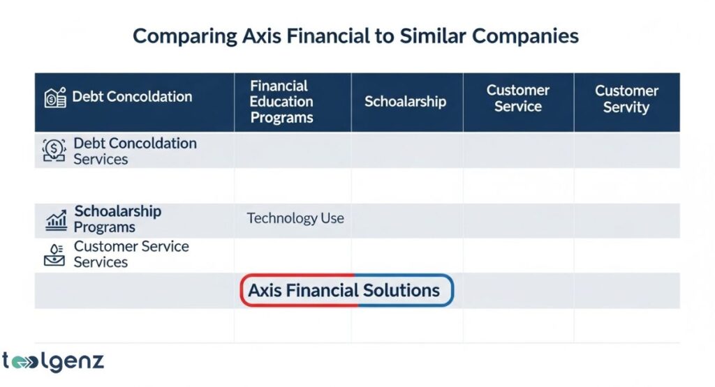 A comparison table titled "Comparing Axis Financial to Similar Companies." The table's rows list features like "Debt Concoldation Services," "Schoalarship Programs," and "Customer Service Services." The columns are "Debt Concoldation," "Financial Education Programs," "Schoalarship," "Customer Service," and "Customer Servity," with a row for "Axis Financial Solutions" at the bottom.