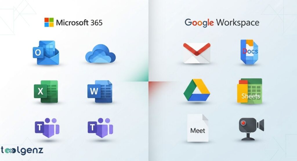 A visual comparison of app icons for Microsoft 365 and Google Workspace. Microsoft's side shows icons for Outlook, Excel, Word, and Teams. Google's side shows icons for Gmail, Docs, Drive, Sheets, and Meet.