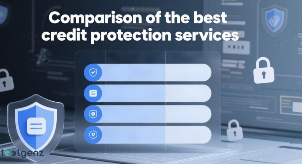 "Comparison of the best credit protection services." The image shows a four-row, abstract comparison chart with empty bars, suggesting that different services offer different levels of protection. The surrounding elements include a shield with a checkmark, various padlock icons, and a document icon, all reinforcing the theme of credit and data security. The background is a dark, tech-themed setting with blurred digital graphics.