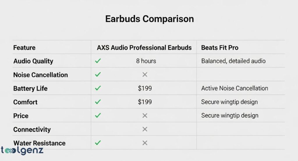  A table comparing "AXS Audio Professional Earbuds" and "Beats Fit Pro" across several features, including audio quality, noise cancellation, battery life, comfort, price, connectivity, and water resistance.