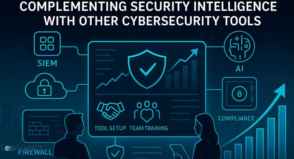Complementing Security Intelligence with Other Cybersecurity Tools. It features a central shield and various icons representing cybersecurity tools like SIEM, AI, and Firewall, along with a team collaborating in a digital environment.