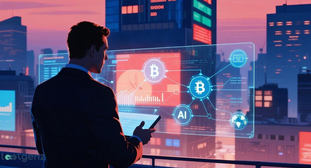 A man in a suit stands on a balcony overlooking a futuristic cityscape, interacting with large, glowing, holographic financial data displays. The screens show Bitcoin symbols, a globe, and other investment charts.