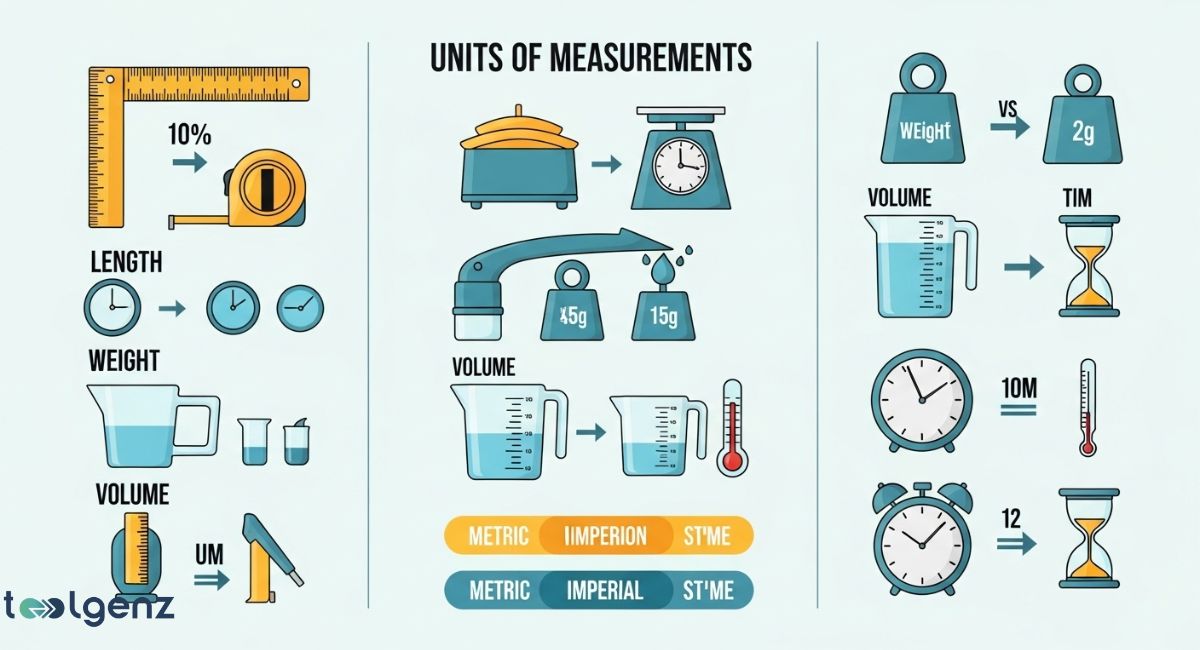 An infographic illustrating various types of measurement conversions and systems, including length, weight, volume, and time. The graphic uses icons and arrows to show conversions between metric, imperial, and other units.