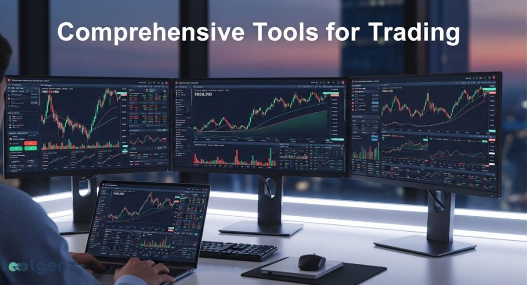 A man is looking at three large computer monitors and a laptop, all displaying detailed financial charts and trading data. The cityscape is visible through a large window in the background.