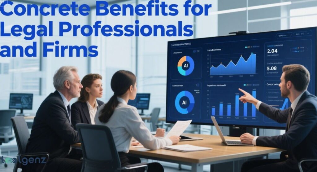 A group of four professionals in a modern office, gathered around a large screen displaying an "AI" dashboard with legal data and graphs. The title at the top is "Concrete Benefits for Legal Professionals and Firms." One person is pointing to a graph on the screen while another holds papers.