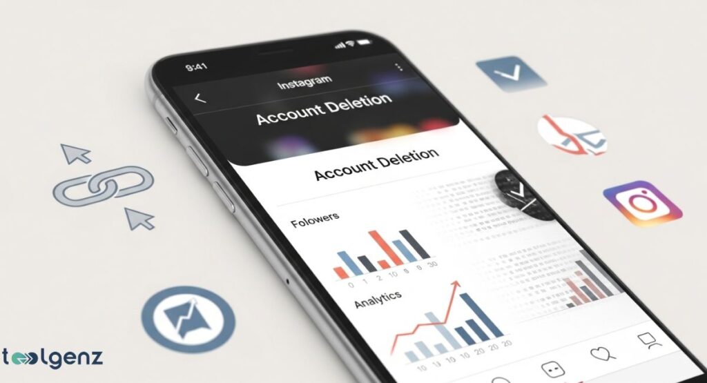Remove Meta from Instagram, A close-up of a smartphone screen showing the Instagram "Account Deletion" page, with graphs of followers and analytics visible. Icons representing social media and data are floating around the phone.