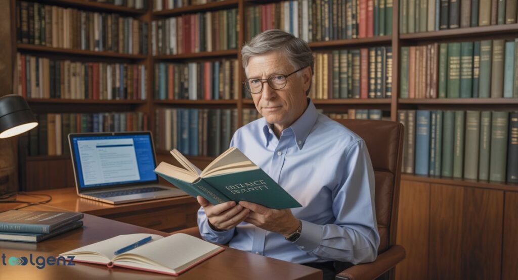 Bill Gates is seated at a desk in a library, wearing glasses and a light blue shirt, holding an open book and looking directly at the viewer. A laptop and other books are on the desk beside him, with a full bookshelf in the background. The title mentions "Continuing Education, Reading Habits, and Lifelong Learning.