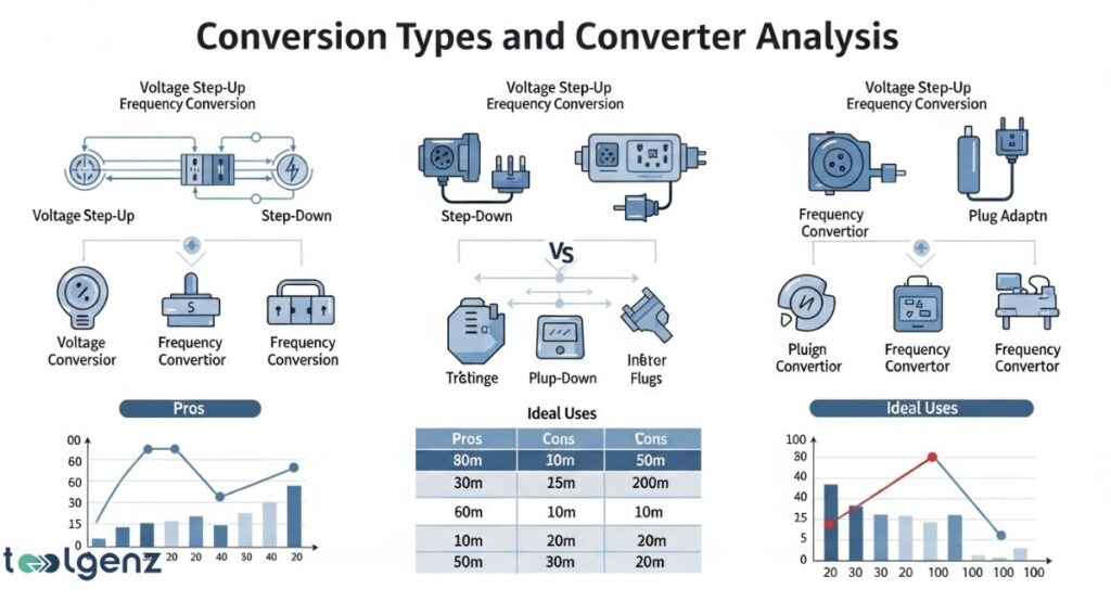An infographic illustrating various voltage and frequency conversion types. It shows step-up, step-down, and frequency converters, with sections for "Pros" and "Ideal Uses" that include graphs and tables comparing different converter types.