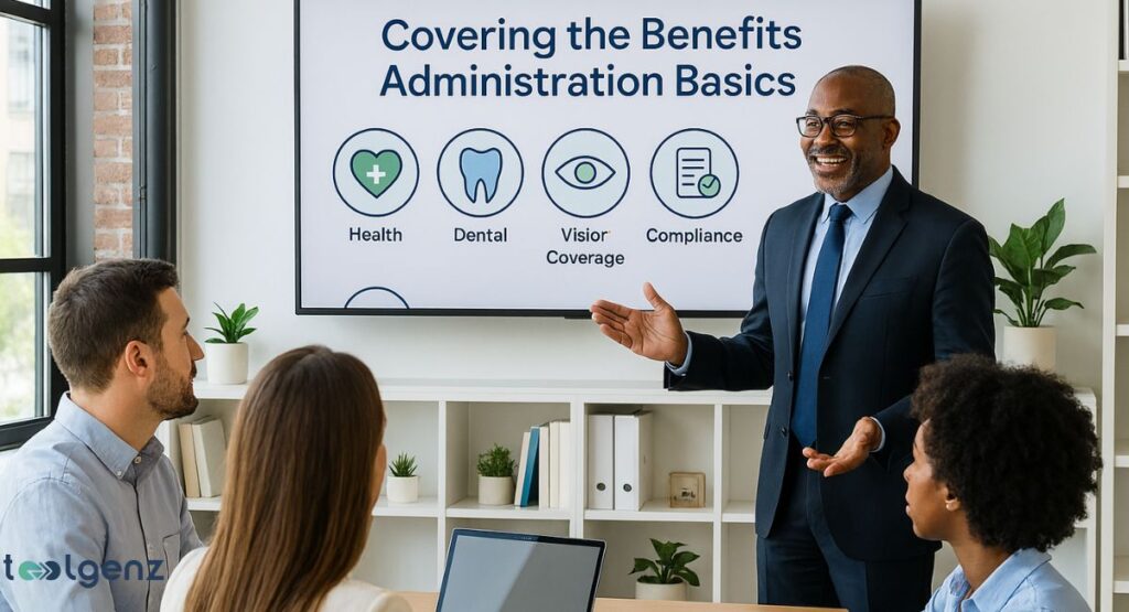 A man in a suit is giving a presentation in a modern office, standing next to a large screen that displays "Covering the Benefits Administration Basics." The screen shows four icons for "Health," "Dental," "Vision Coverage," and "Compliance." He is smiling and gesturing towards the audience.