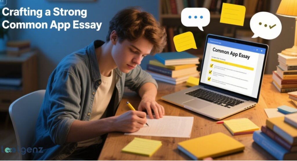A young male student sits at a wooden desk, writing on paper while looking at a laptop. The laptop screen shows a "Common App Essay" document with several checked items. Thought bubbles with chat and checklist icons float above. The title is "Crafting a Strong Common App Essay.