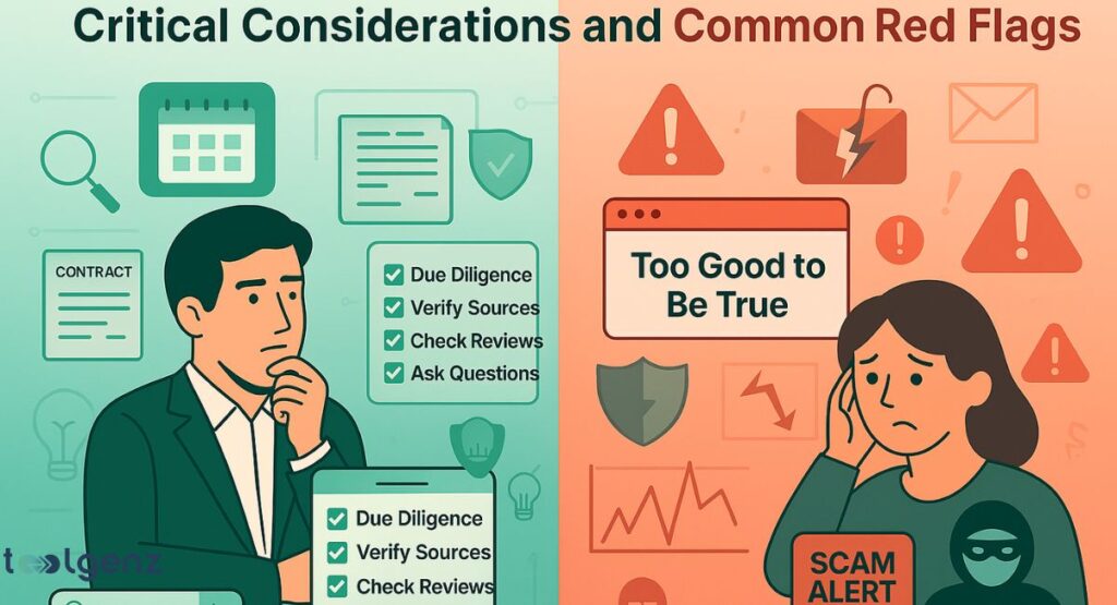 A two-panel graphic contrasting a positive decision-making process with a negative one. The left side, titled "Critical Considerations," shows a thoughtful man with a checklist. The right side, titled "Common Red Flags," shows a worried woman with a "Too Good to Be True" message and a "Scam Alert.