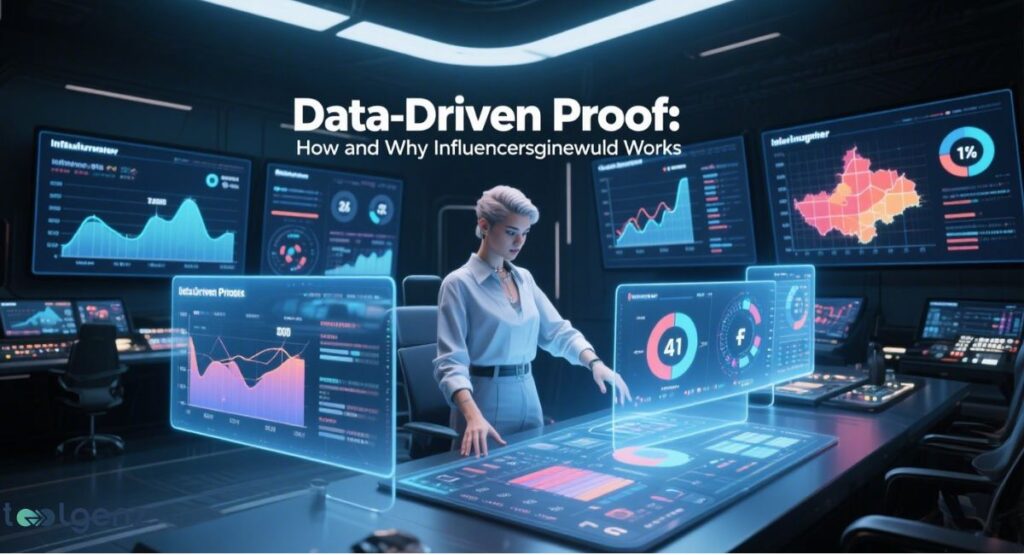 A woman in a business setting stands at a futuristic, glowing data table, surrounded by multiple screens displaying various graphs, charts, and digital dashboards related to influencer marketing. The title of the image is "Data-Driven Proof: How and Why Influencersginewuld Works."