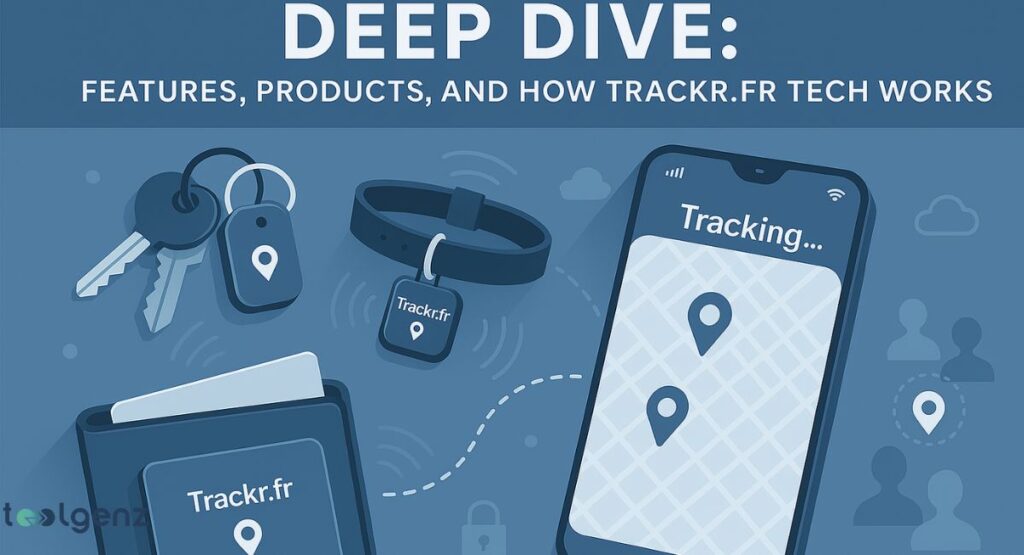 It shows a wallet, a key fob on a keychain, and a dog collar, all equipped with a Trackr.fr device. The devices are wirelessly connected to a smartphone that is displaying a map with tracking pins.