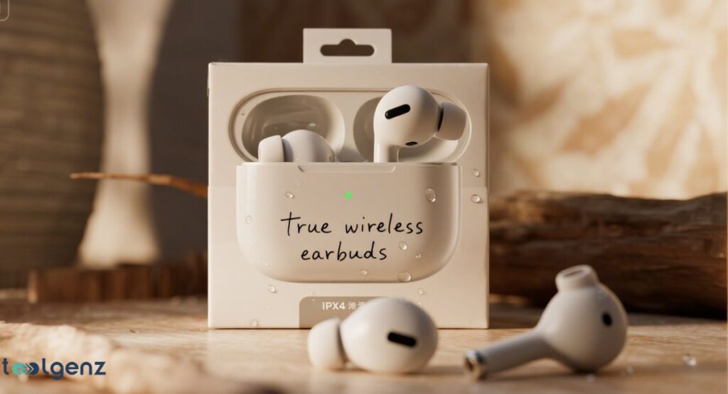 A pair of white wireless earbuds are displayed in an open white charging case. The words "true wireless earbuds" are printed on the case. Two more earbuds are resting on the table next to the open case. The background is a blurred, warm-toned indoor setting with natural wood and a soft glow.