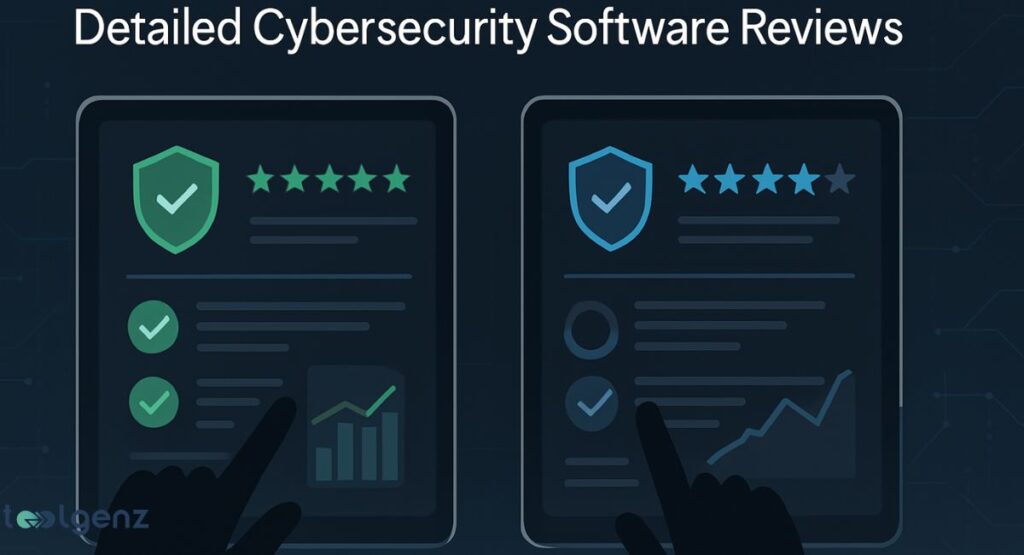 "Detailed Cybersecurity Software Reviews." The image shows two side-by-side tablet screens, each displaying a review of cybersecurity software. The left screen has a green shield icon, five green stars, and a checklist with a green checkmark. The right screen has a blue shield icon, five blue stars, and a checklist with a blue checkmark. Both screens show a line graph and other digital data, suggesting a detailed analysis of features and performance.