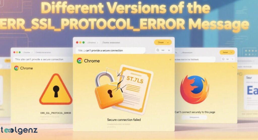 "Different Versions of the ERR_SSL_PROTOCOL_ERROR Message." It shows three distinct error messages from different browsers: a yellow warning triangle from Chrome, a broken padlock from another Chrome page, and a Firefox page with its logo.
