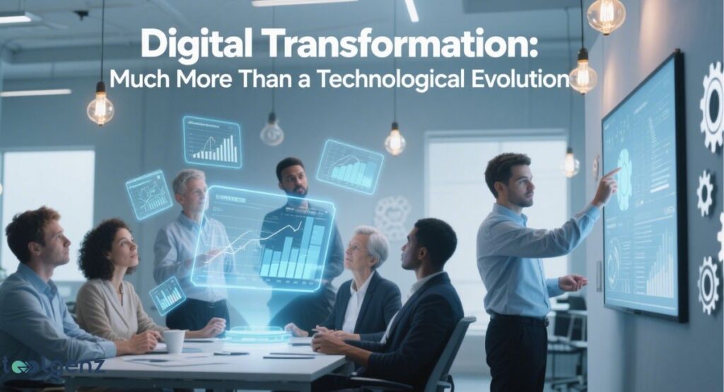 A group of professionals in a bright, modern office are collaborating and discussing data, with holographic charts and graphs floating around them. One man is pointing to a large digital screen with more data visualizations. The title at the top is "Digital Transformation: Much More Than a Technological Evolution."