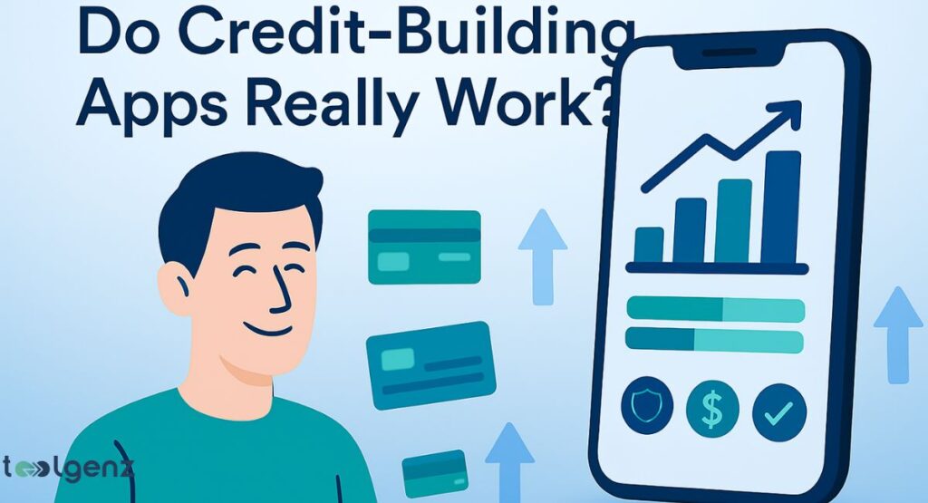 "Do Credit-Building Apps Really Work?" The image shows a smiling cartoon man next to a large smartphone screen displaying a rising line graph and bar charts, symbolizing a positive credit score trend. Floating credit cards and upward arrows are visible in the background, reinforcing the theme of credit improvement.