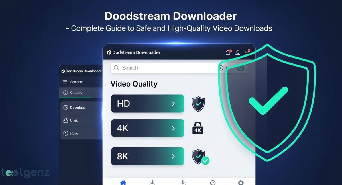 An illustration of a software interface for a video downloader, with a large, glowing shield icon overlaid with a checkmark. The interface shows options for "HD," "4K," and "8K" video quality downloads, and a lock icon next to the 4K option.