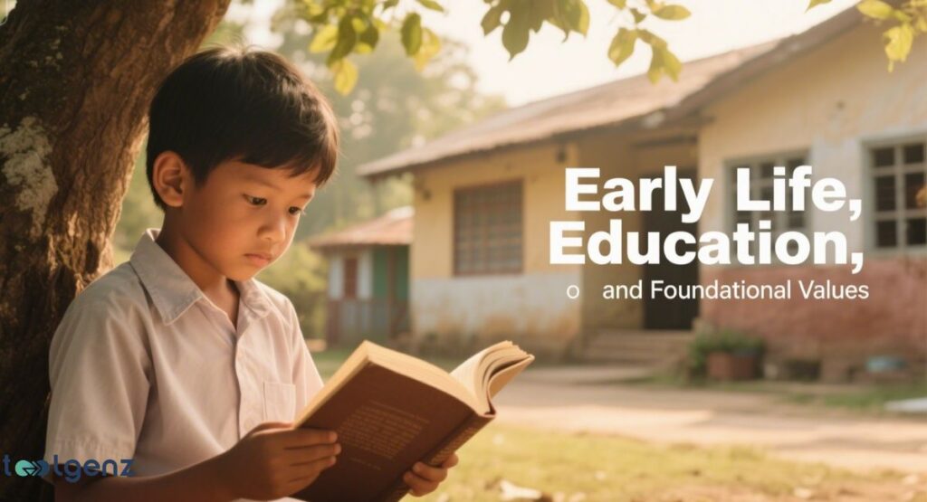 A young boy in a light-colored shirt sits under a tree, engrossed in reading a large book. In the background, there is a rural or village setting with houses. The title of the image is "Early Life, Education, and Foundational Values.
