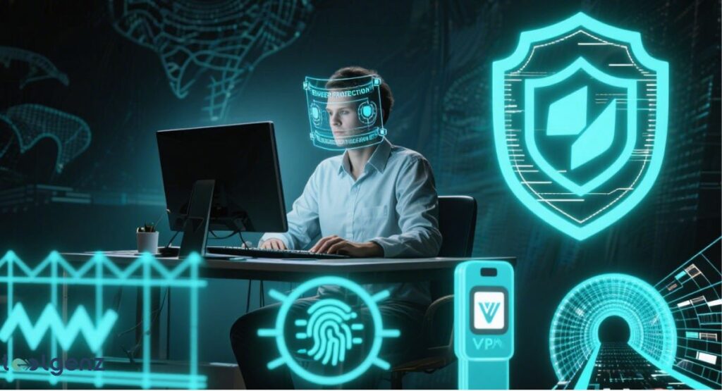 A person is using a desktop computer with a futuristic, glowing interface over their face that says "DANGER PROTECTION." Various cybersecurity icons, including a large shield, a fingerprint scanner, a VPN, and a data tunnel, are surrounding the person.