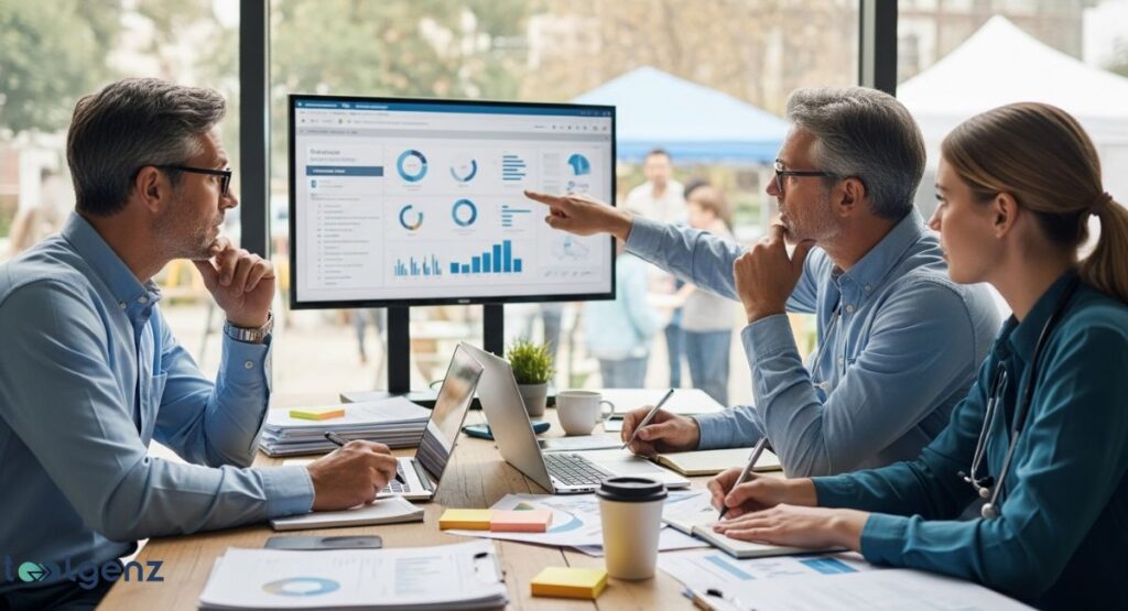 Three professionals, two men and one woman, are in a meeting, analyzing a computer screen that displays various healthcare system related charts and data visualizations. The group appears to be discussing strategy and leadership.