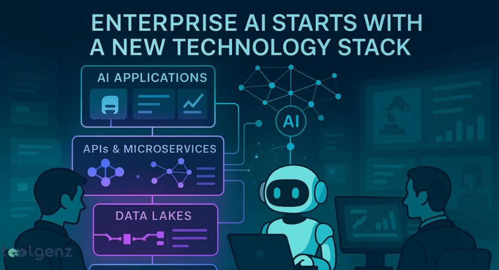 "Enterprise AI Starts with a New Technology Stack." It illustrates a layered technology stack with "AI Applications" at the top, followed by "APIs & Microservices" and "Data Lakes" at the bottom. A friendly robot and two professionals are interacting with this system, demonstrating how a new technological infrastructure is the foundation for enterprise AI.