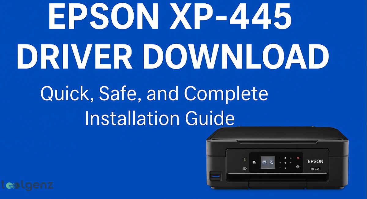 A black Epson XP-445 printer with its screen lit up is positioned in the bottom right corner of the image. The background is a solid dark blue, with the title "EPSON XP-445 DRIVER DOWNLOAD" in large white letters and "Quick, Safe, and Complete Installation Guide" below it.