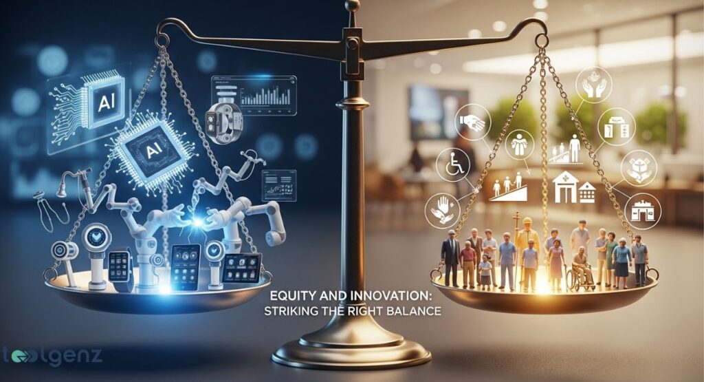 A set of scales balances two opposing concepts: on the left, a range of AI, medical robots, and other healthcare technologies; on the right, a diverse group of people representing a community.