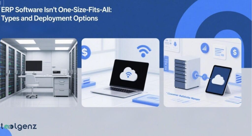 A three-panel illustration showing different types of ERP software deployment. The panels depict: a room full of server racks for on-premise ERP, a laptop with a cloud icon for cloud-based ERP, and a server connected to a tablet for a hybrid or customer-relationship management solution.
