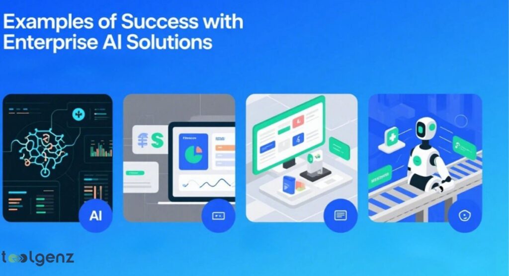 "Examples of Success with Enterprise AI Solutions." It displays four rectangular panels, each illustrating a different application of AI in a corporate setting. These examples include AI for data analysis, financial services, a robotic arm on an assembly line, and a service robot assisting in a hospital or clinic.